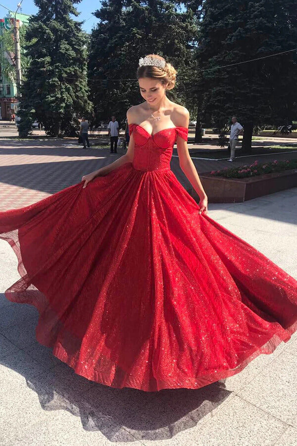 Tulle A-line Off Shoulder Long Prom Dresses, Evening Dresses - VelvetHem