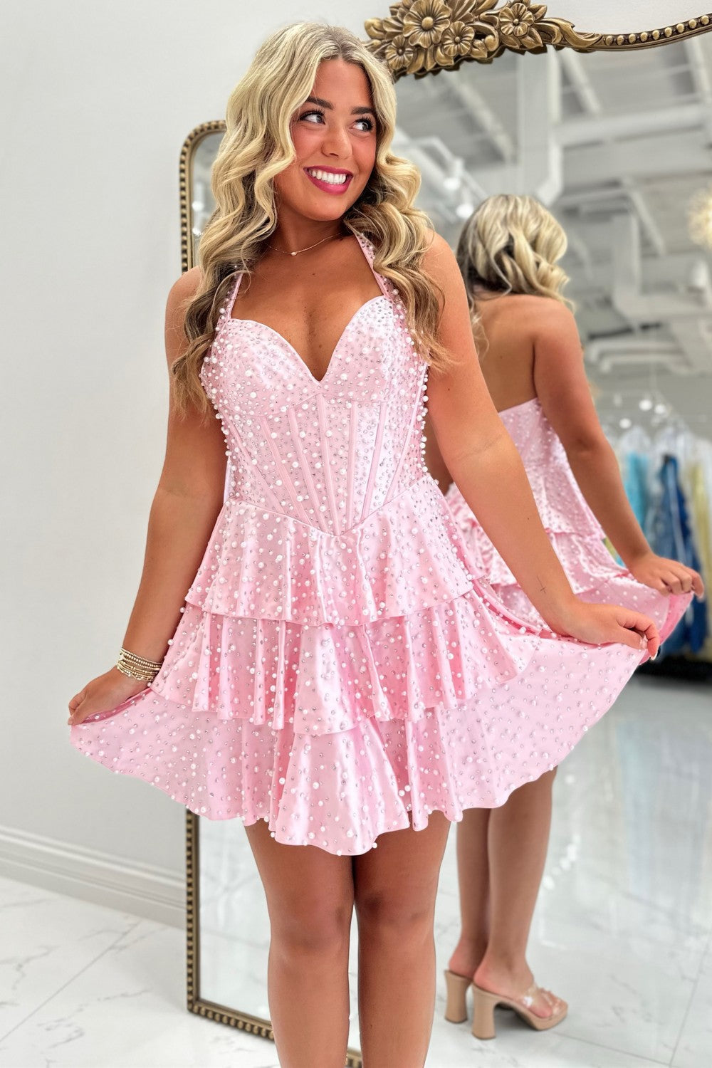 Princess A Line Halter Neck Purple Homecoming Dress Corset Party Dress with Pearls