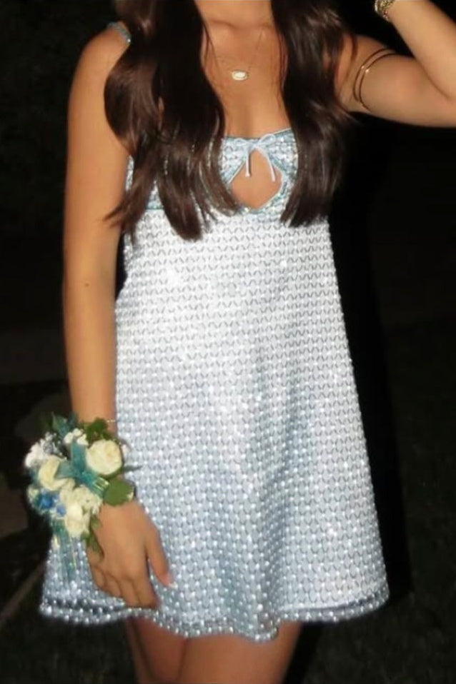 Sparkly A Line Spaghetti Straps Gold Sequins Short Homecoming Dress with Keyhole
