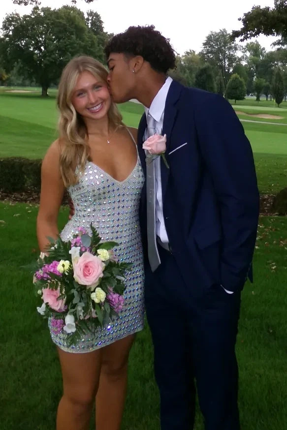 Sparkly A Line Spaghetti Straps Silver Short Homecoming Dress with Beading