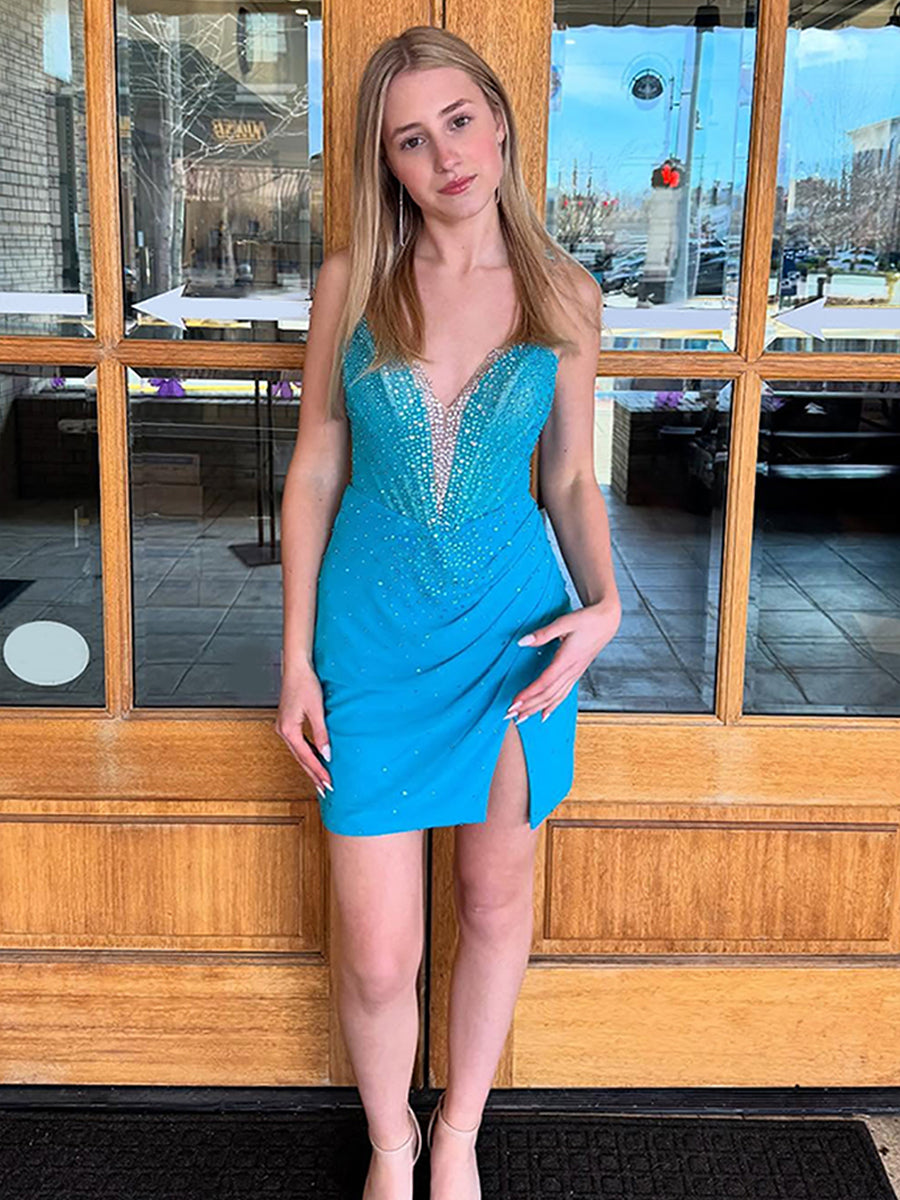 Sparkly Bodycon Ruched Beaded Short Homecoming Dress with Slit - VelvetHem
