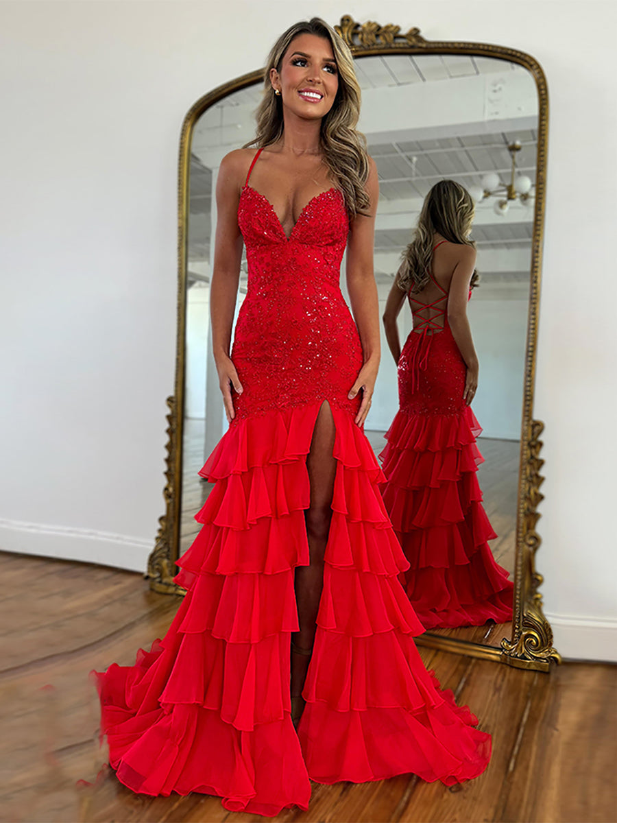 Sparkly Mermaid Spaghetti Straps Lace Prom Dress with Ruffle Skirt - VelvetHem
