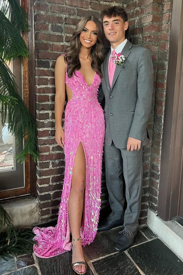 Sparkly Mermaid V Neck Gold Sequins Long Prom Dress with Open Back - View 6 | VelvetHem