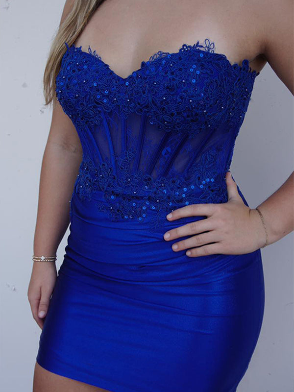 Sparkly Tight Corset Strapless Short Satin Homecoming Dress
