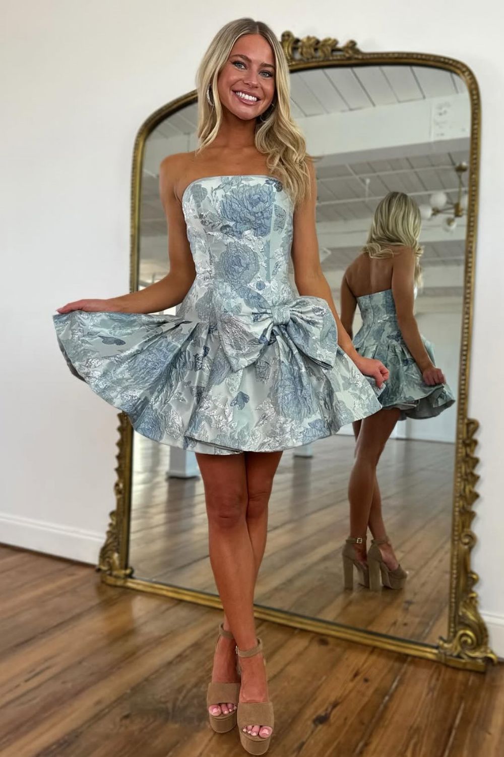 Stylish A Line Strapless Pink Printed Short Homecoming Dress with Bowknot