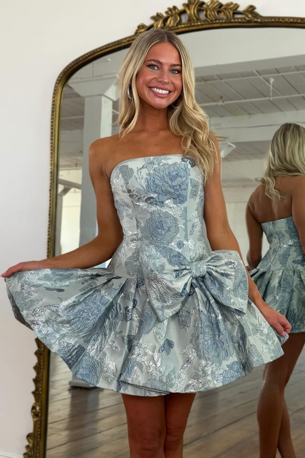 Stylish A Line Strapless Pink Printed Short Homecoming Dress with Bowknot