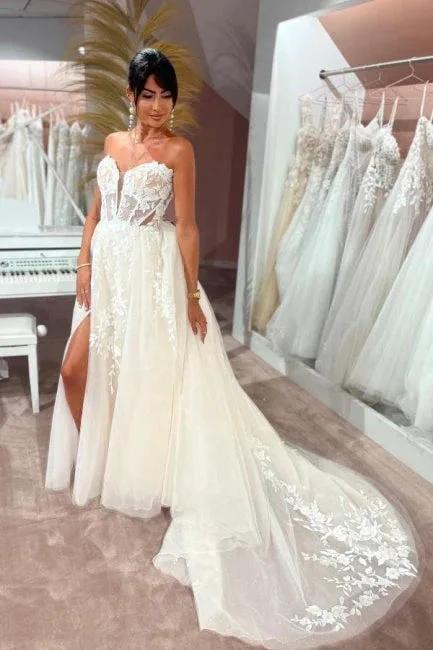 Split Front A-Line Tulle Lace Sweetheart Floor-Length Sleeveless Charming Wedding Dresses with Appliques (ZD15748)