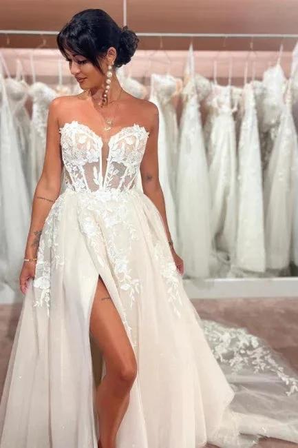 Split Front A-Line Tulle Lace Sweetheart Floor-Length Sleeveless Charming Wedding Dresses with Appliques (ZD15748)