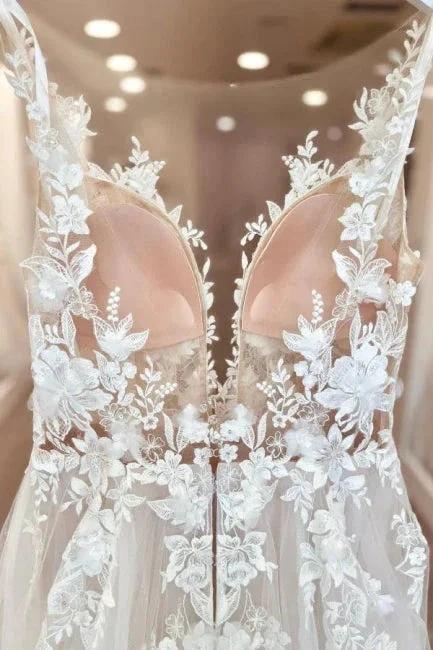 Split Front A-Line Tulle Sleeveless Spaghetti Straps Sweetheart Wedding Dresses with Appliques (ZD15741)