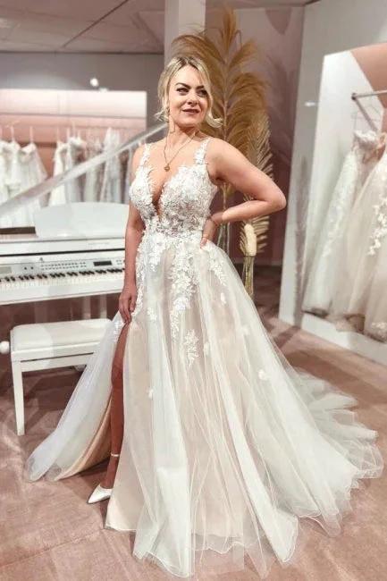 Split Front A-Line Tulle Sleeveless Spaghetti Straps Sweetheart Wedding Dresses with Appliques (ZD15741)