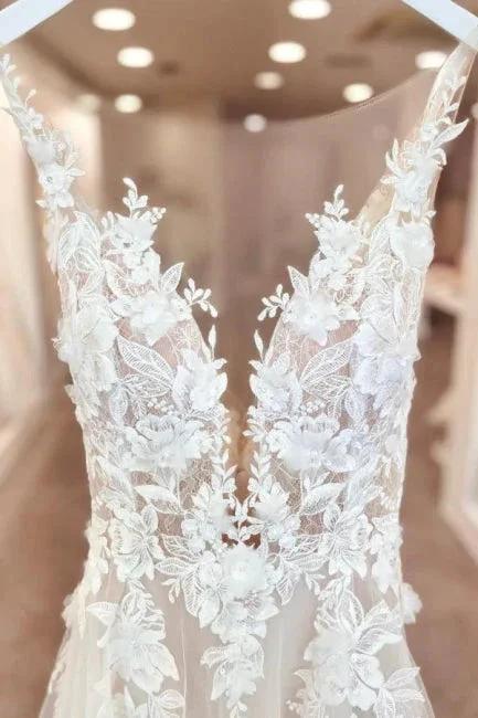 Split Front A-Line Tulle Sleeveless Spaghetti Straps Sweetheart Wedding Dresses with Appliques (ZD15741)
