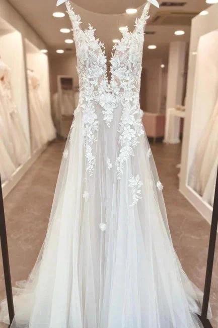 Split Front A-Line Tulle Sleeveless Spaghetti Straps Sweetheart Wedding Dresses with Appliques (ZD15741)