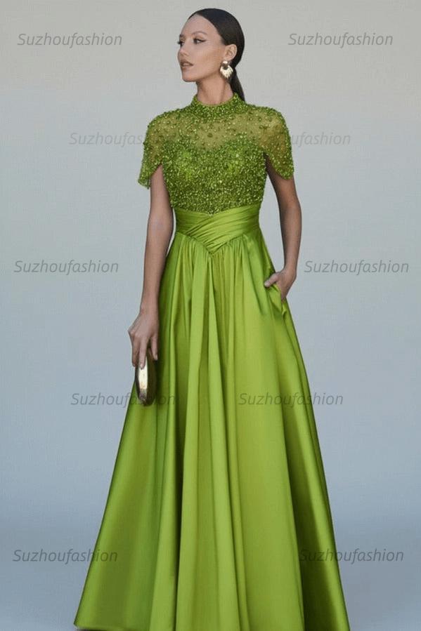High Neck Short Sleeves Long Evening Formal Dress With Beading Pockets