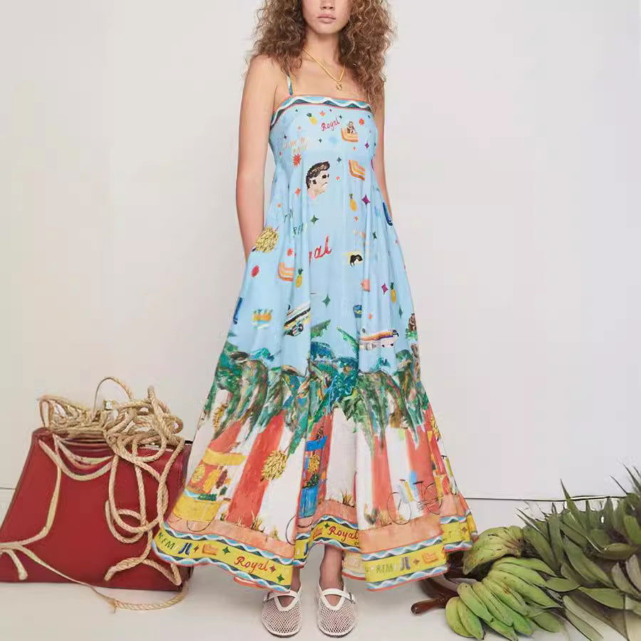 Suspender Printed Pocket Dress Casual Loose Vacation Dress