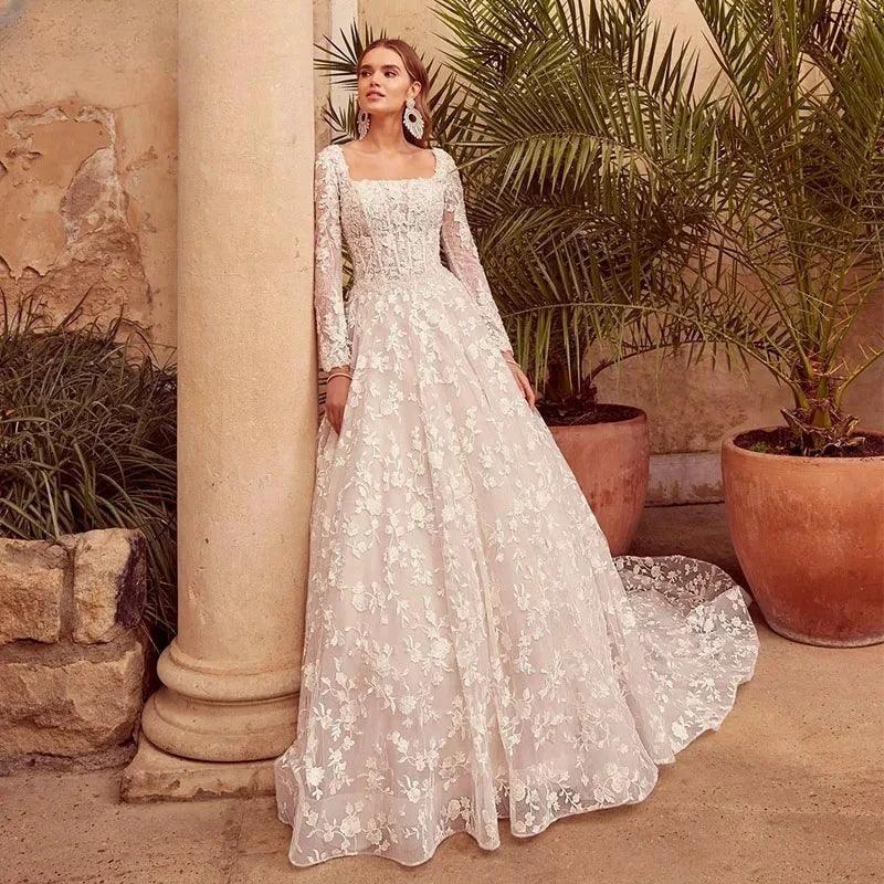 Square Collar A-line Wedding Dress Lace Appliques Long Sleeves Court Train vestidos de novia by payinti
