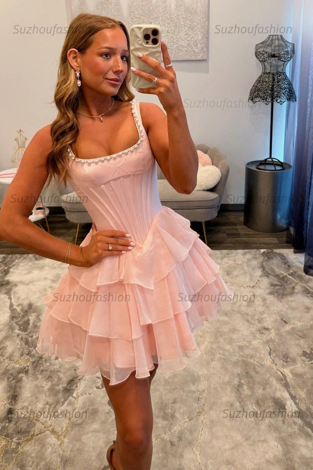 Square Neck Corset Homecoming Dress Tiered Sleeveless Short Party Dress