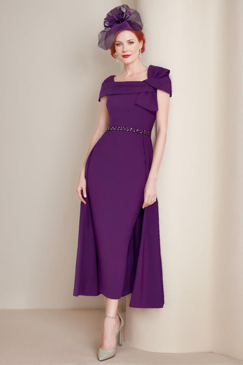 Square Neck Formal Mother of the Bride & Groom Sheath Column Dress with Bow and Belt