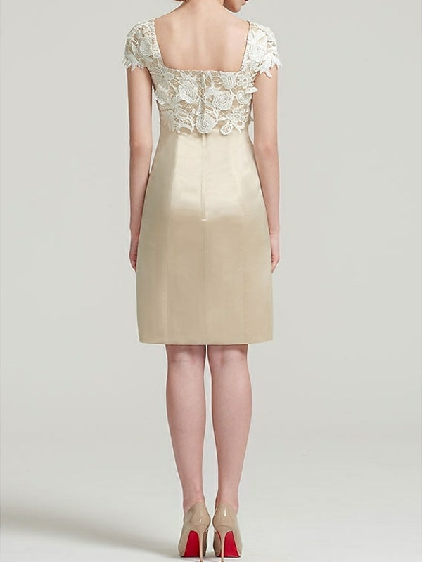 Square Neck Knee Length Satin Lace Sheath Dress with Short Sleeves and Pleated Appliques for the Mother of the Bride