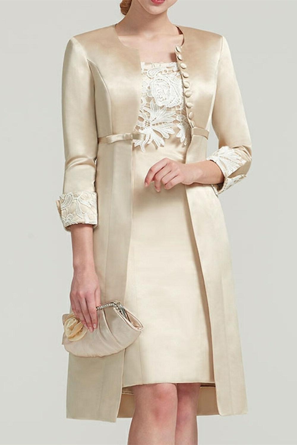 Square Neck Knee Length Satin Lace Sheath Dress with Short Sleeves and Pleated Appliques for the Mother of the Bride