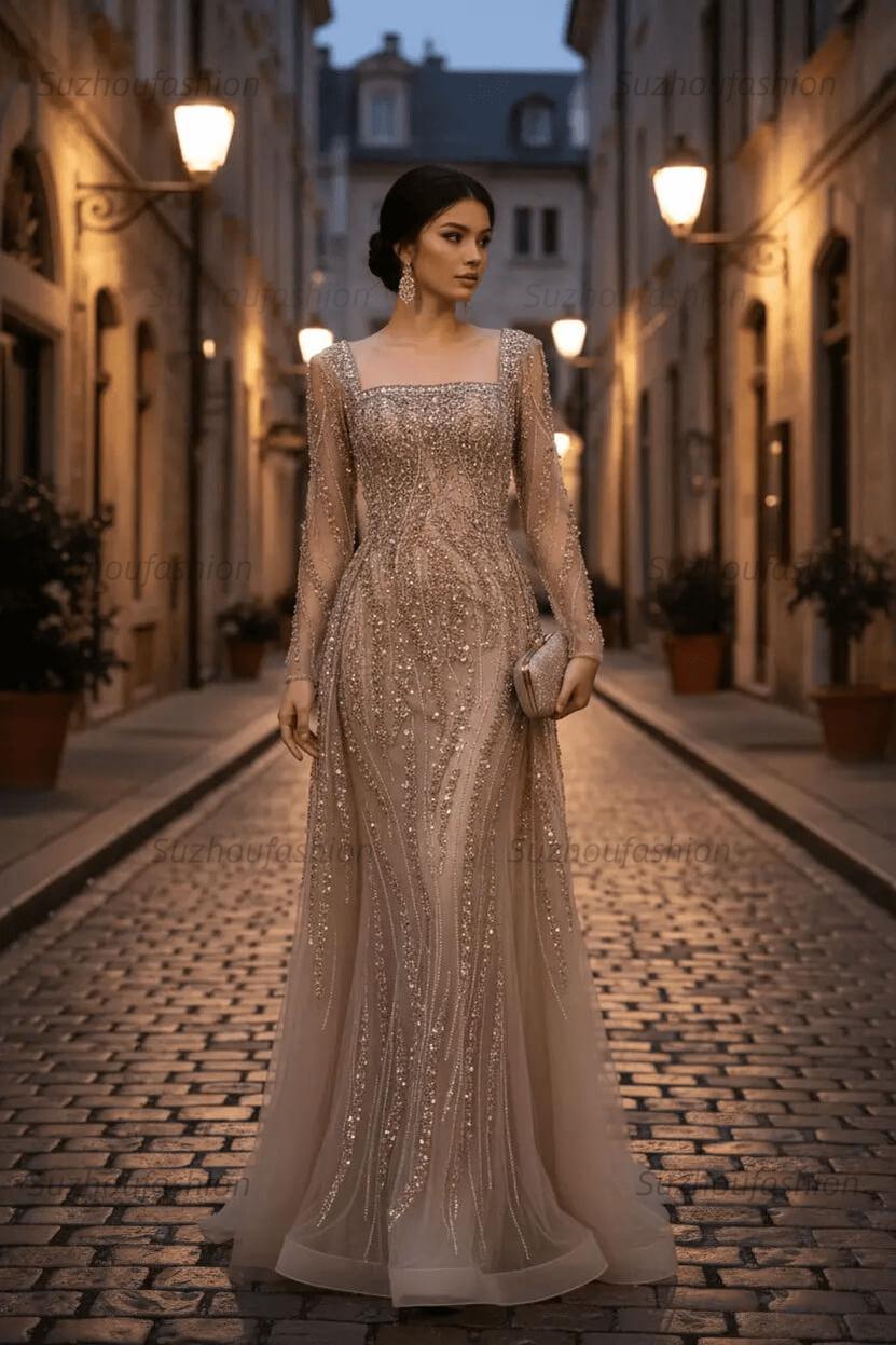 Square Neck Long Sleeves Long Mermaid Evening Formal Dress With Beading Tulle