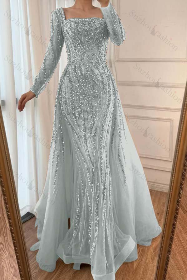Square Neck Long Sleeves Long Mermaid Evening Formal Dress With Beading Tulle