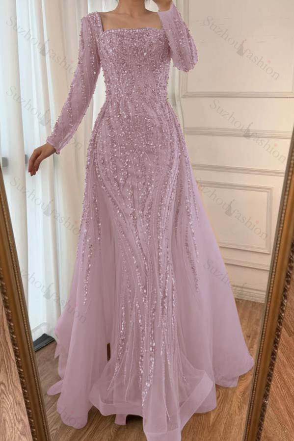 Square Neck Long Sleeves Long Mermaid Evening Formal Dress With Beading Tulle