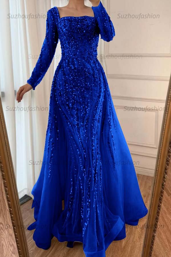 Square Neck Long Sleeves Long Mermaid Evening Formal Dress With Beading Tulle