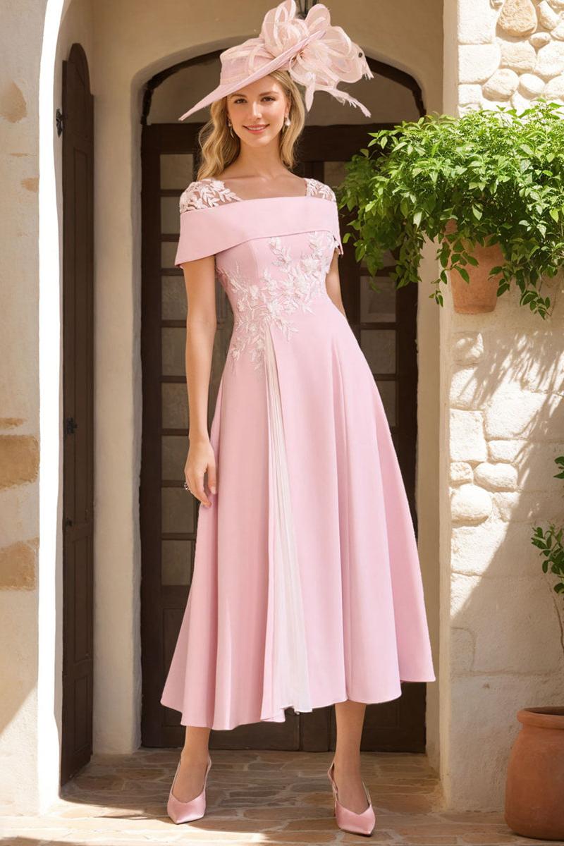 Square Neck Short Sleeve A Line Mother of the Bride Dress with Ruffles and Appliques