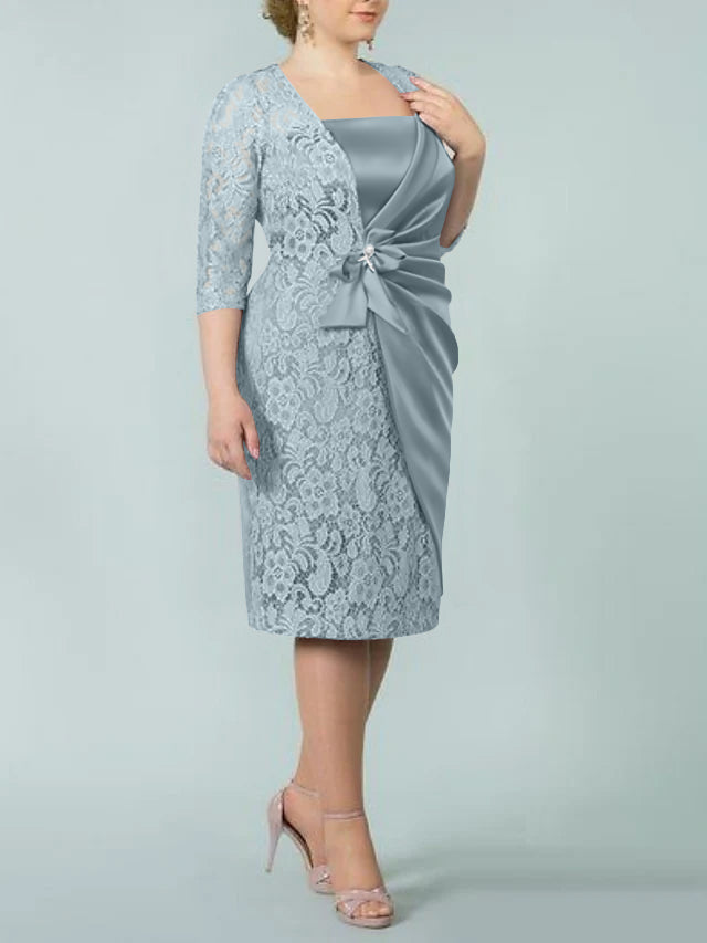 Square Neck Tea Length Sheath Column Dress for the Mother of the Bride