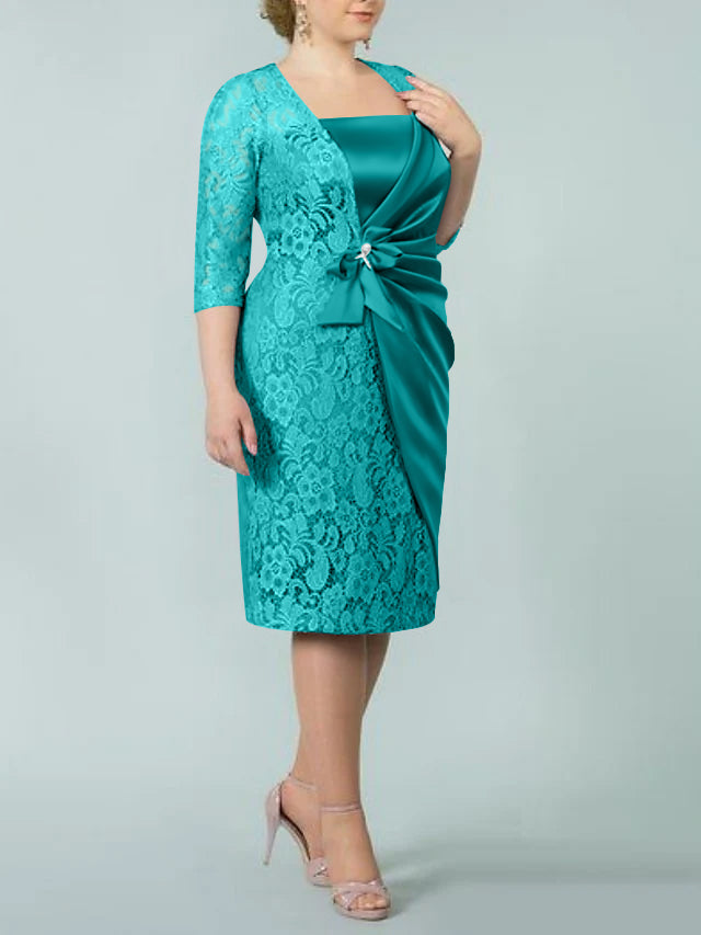 Square Neck Tea Length Sheath Column Dress for the Mother of the Bride