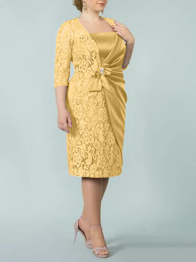 Square Neck Tea Length Sheath Column Dress for the Mother of the Bride