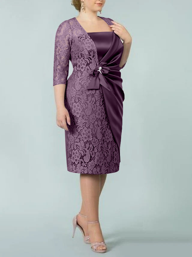 Square Neck Tea Length Sheath Column Dress for the Mother of the Bride