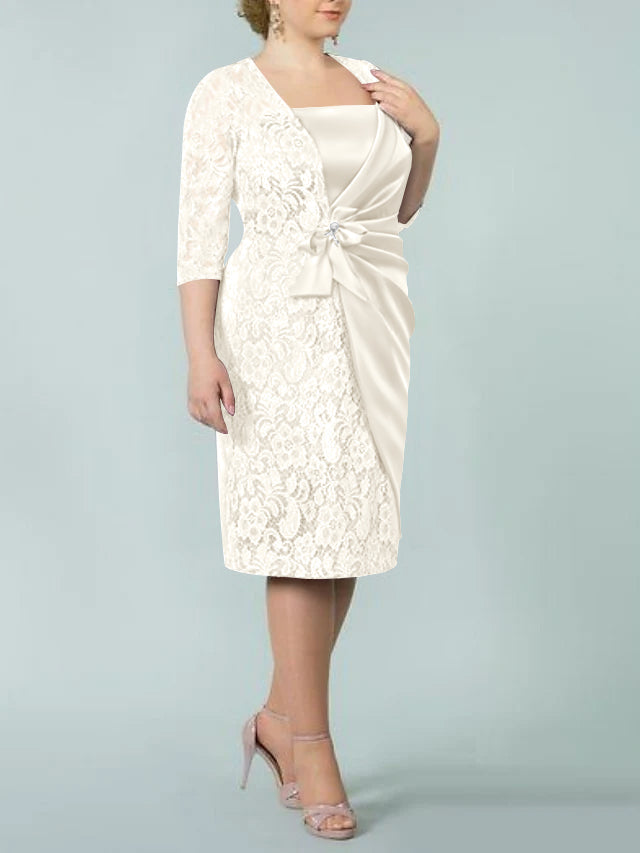 Square Neck Tea Length Sheath Column Dress for the Mother of the Bride