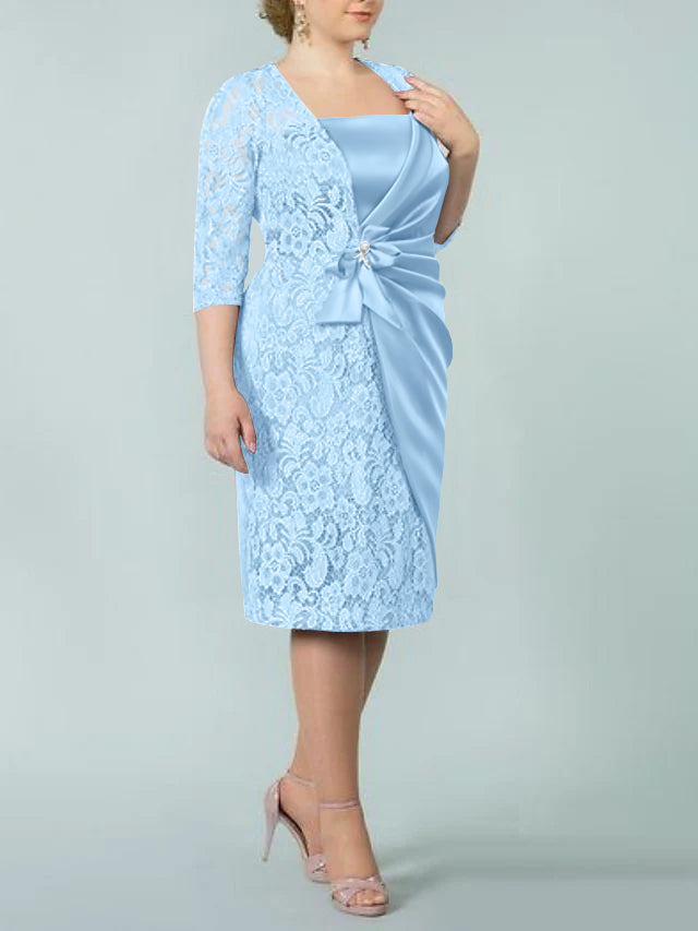 Square Neck Tea Length Sheath Column Dress for the Mother of the Bride