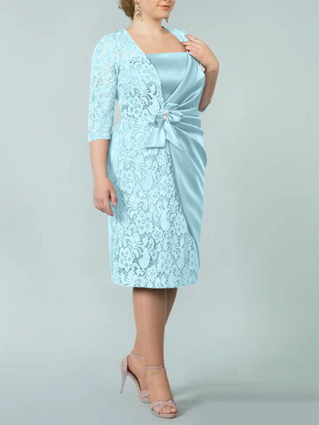 Square Neck Tea Length Sheath Column Dress for the Mother of the Bride