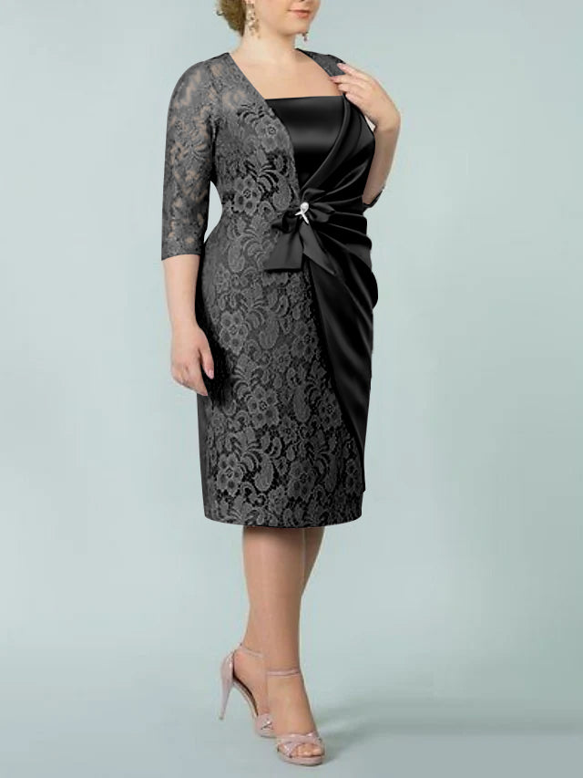 Square Neck Tea Length Sheath Column Dress for the Mother of the Bride