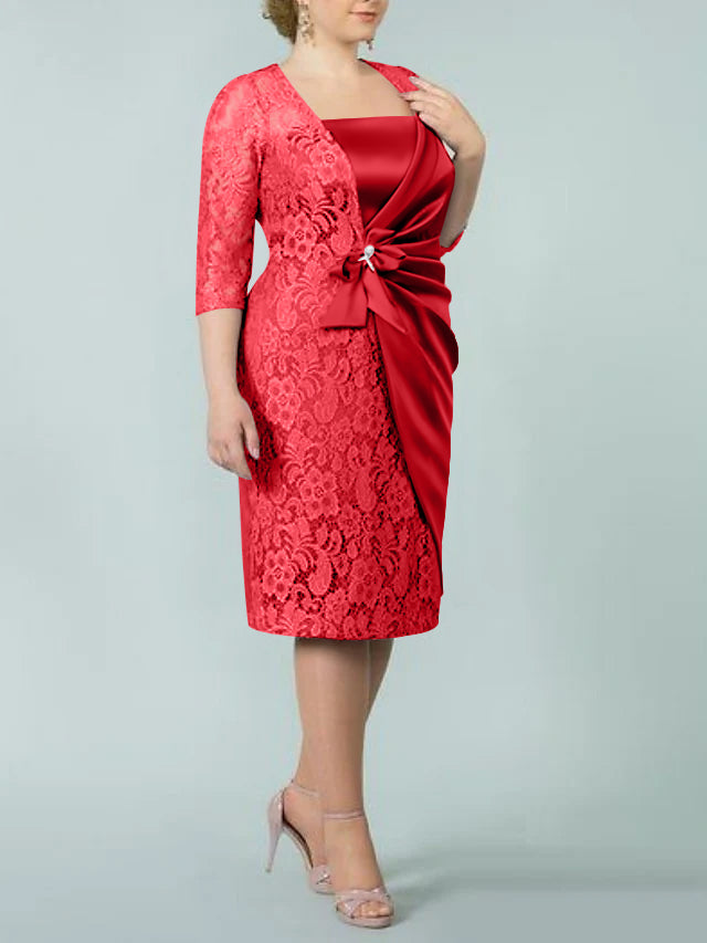 Square Neck Tea Length Sheath Column Dress for the Mother of the Bride