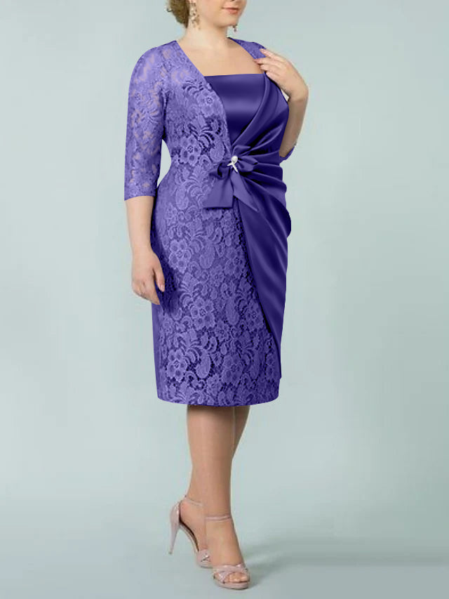 Square Neck Tea Length Sheath Column Dress for the Mother of the Bride
