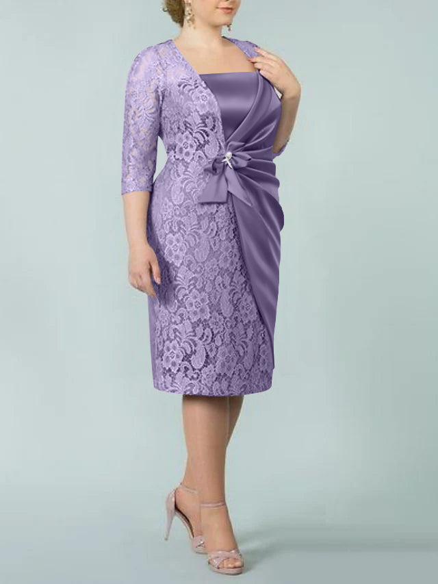 Square Neck Tea Length Sheath Column Dress for the Mother of the Bride