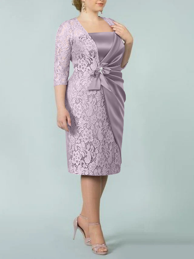 Square Neck Tea Length Sheath Column Dress for the Mother of the Bride