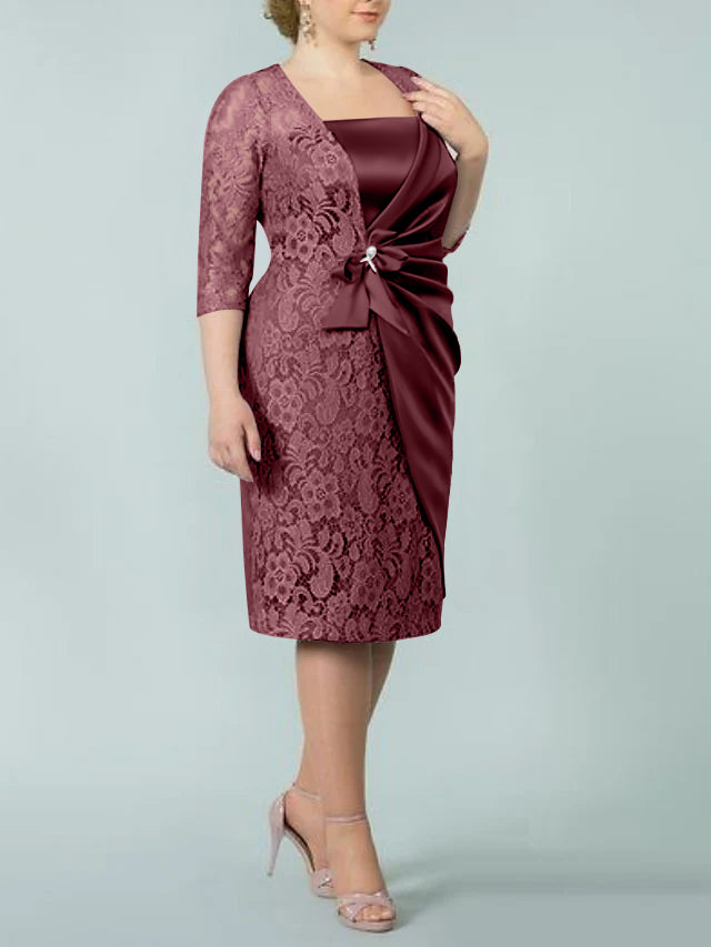 Square Neck Tea Length Sheath Column Dress for the Mother of the Bride