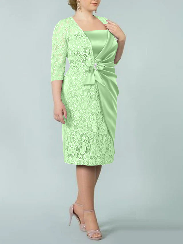 Square Neck Tea Length Sheath Column Dress for the Mother of the Bride