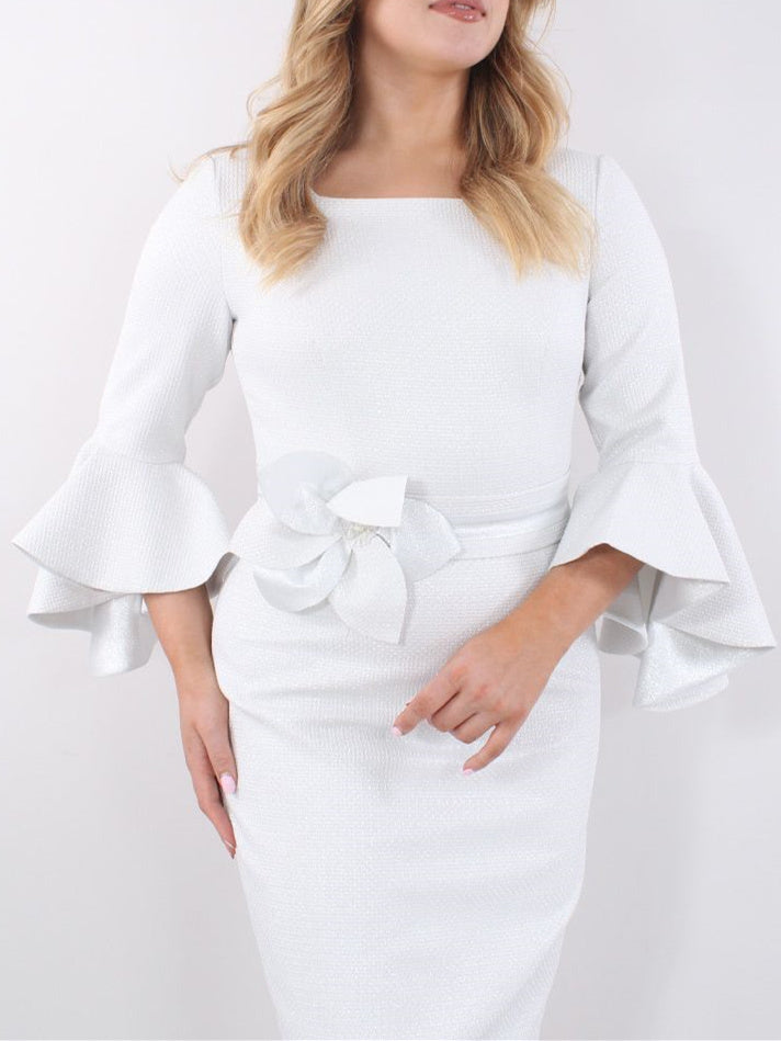 Square Neck Tea Length Sheath Column Mother of the Bride Dress with 3/4 Sleeves and Ruffles