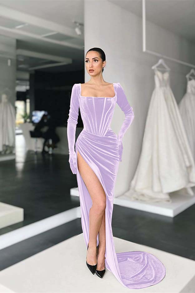 Square Neck Velvet Prom Dress Long Sleeve Evening Formal Dress With Split