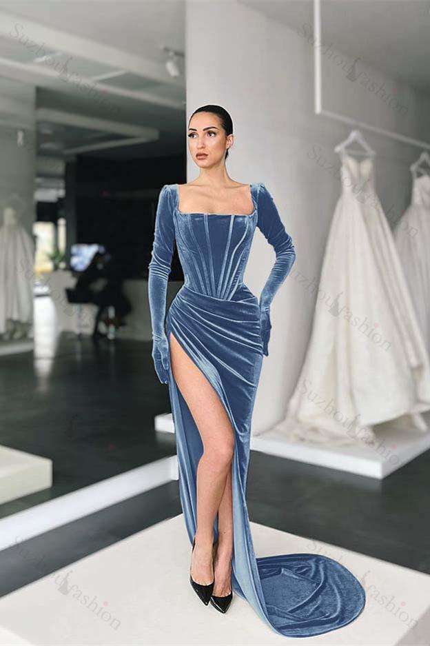Square Neck Velvet Prom Dress Long Sleeve Evening Formal Dress With Split