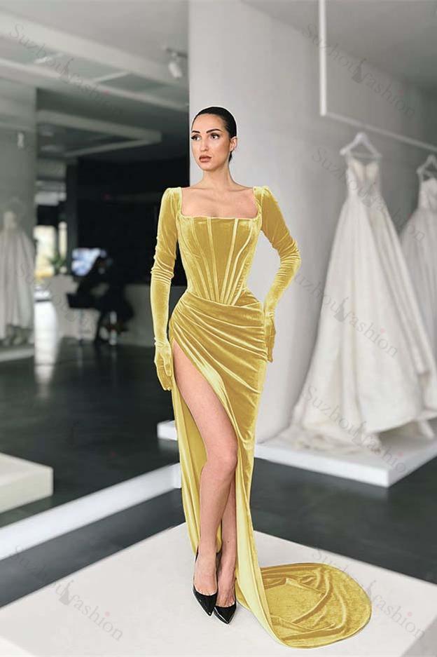 Square Neck Velvet Prom Dress Long Sleeve Evening Formal Dress With Split