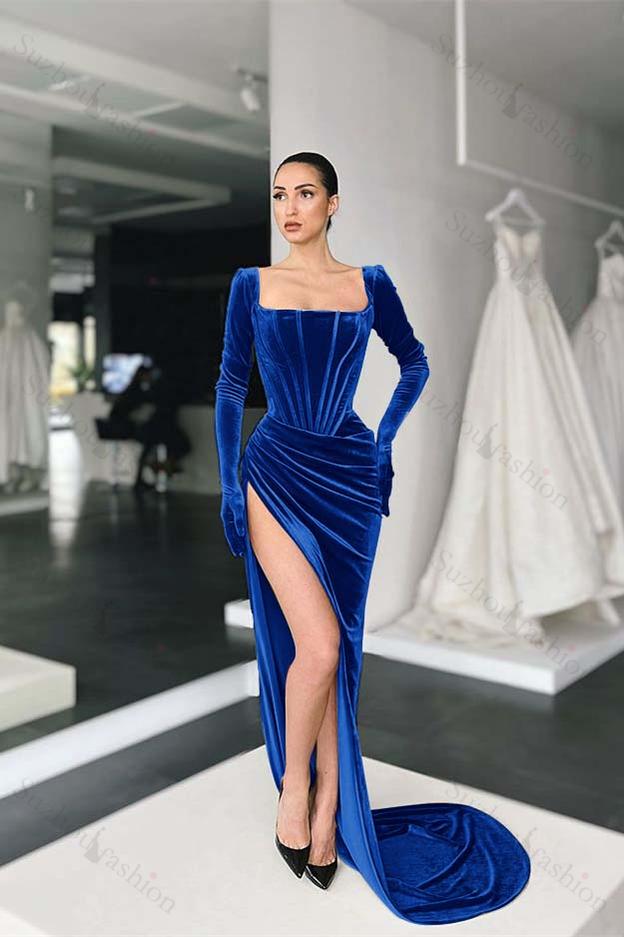 Square Neck Velvet Prom Dress Long Sleeve Evening Formal Dress With Split