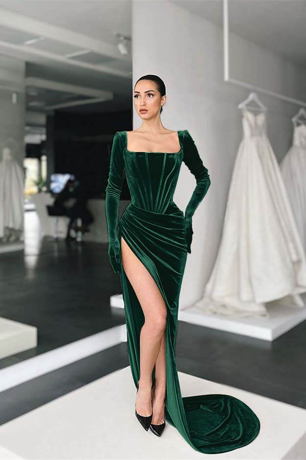 Square Neck Velvet Prom Dress Long Sleeve Evening Formal Dress With Split