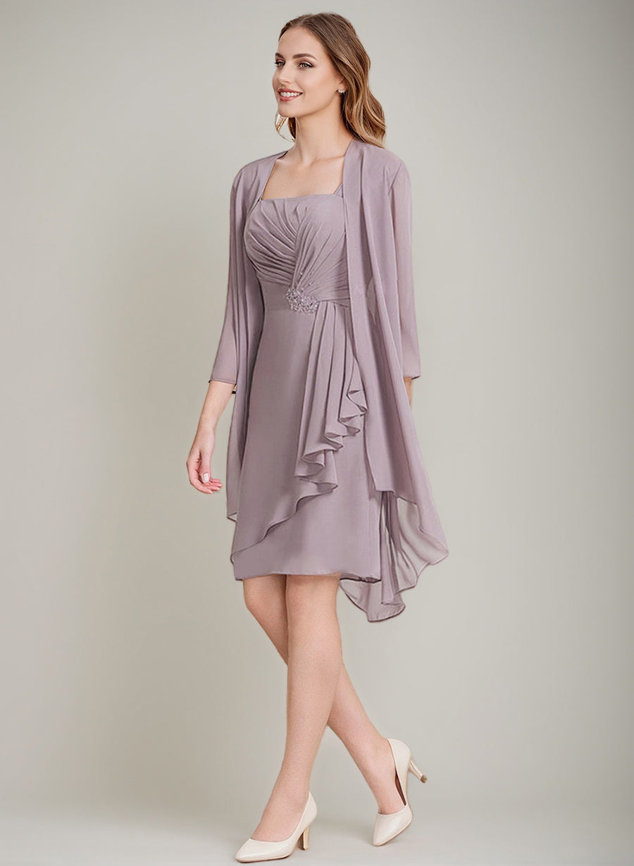 Square Neckline 3/4 Sleeve Knee Length Sheath Column Mother of the Bride Dress with Jacket Ruffles Pleats and Beads