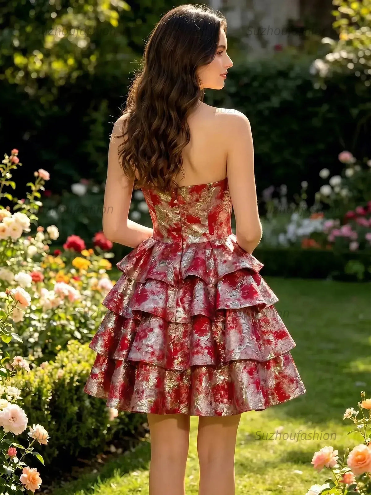 Suzhoufashion Strapless 3D Rose Brocade Tiered Mini Dress with Metallic Accents Homecoming Dresses